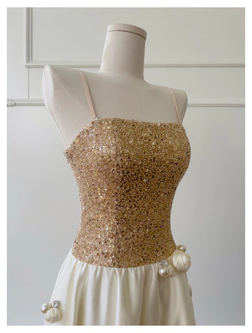 Sparkling Gold Sequins Homecoming Dress Spaghetti Straps Mini Party Dress Y8821