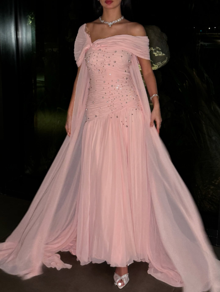 Pretty Pink Chiffon Beaded Mermaid Long Wedding Guest Dress Formal Evening Dress Birthday Dress SP1293