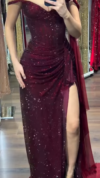 Shiny Burgundy Off The Shoulder Sequin Slit Mermaid Party Dress Long Wedding Guest Dress SP1340