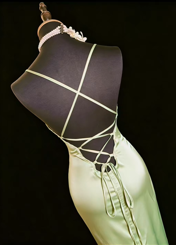 Sexy Spaghetti Straps Sheath Satin Slit Evening Dress Sage Green Backless Long Wedding Guest Dress SP2377