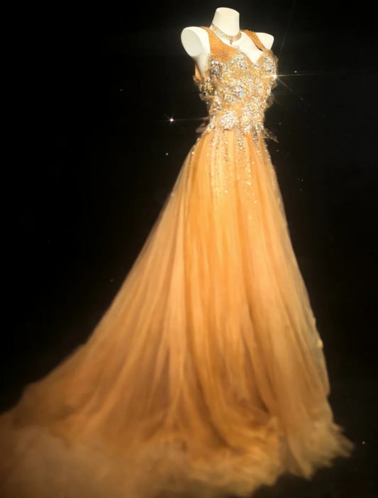 Elegant Yellow V Neck Tulle Beaded Mermaid Long Birthday Prom Dress Evening Gown SP1490