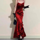 Vintage Elegant Women Spaghetti Strap Sexy Prom Dress Bodycon Slim Red Dinner Party Long Dress Y4521