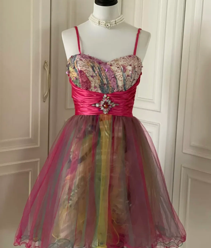 Unique Spaghetti Straps Tulle Sequin Homecoming Dress Cocktail Dress Y9053