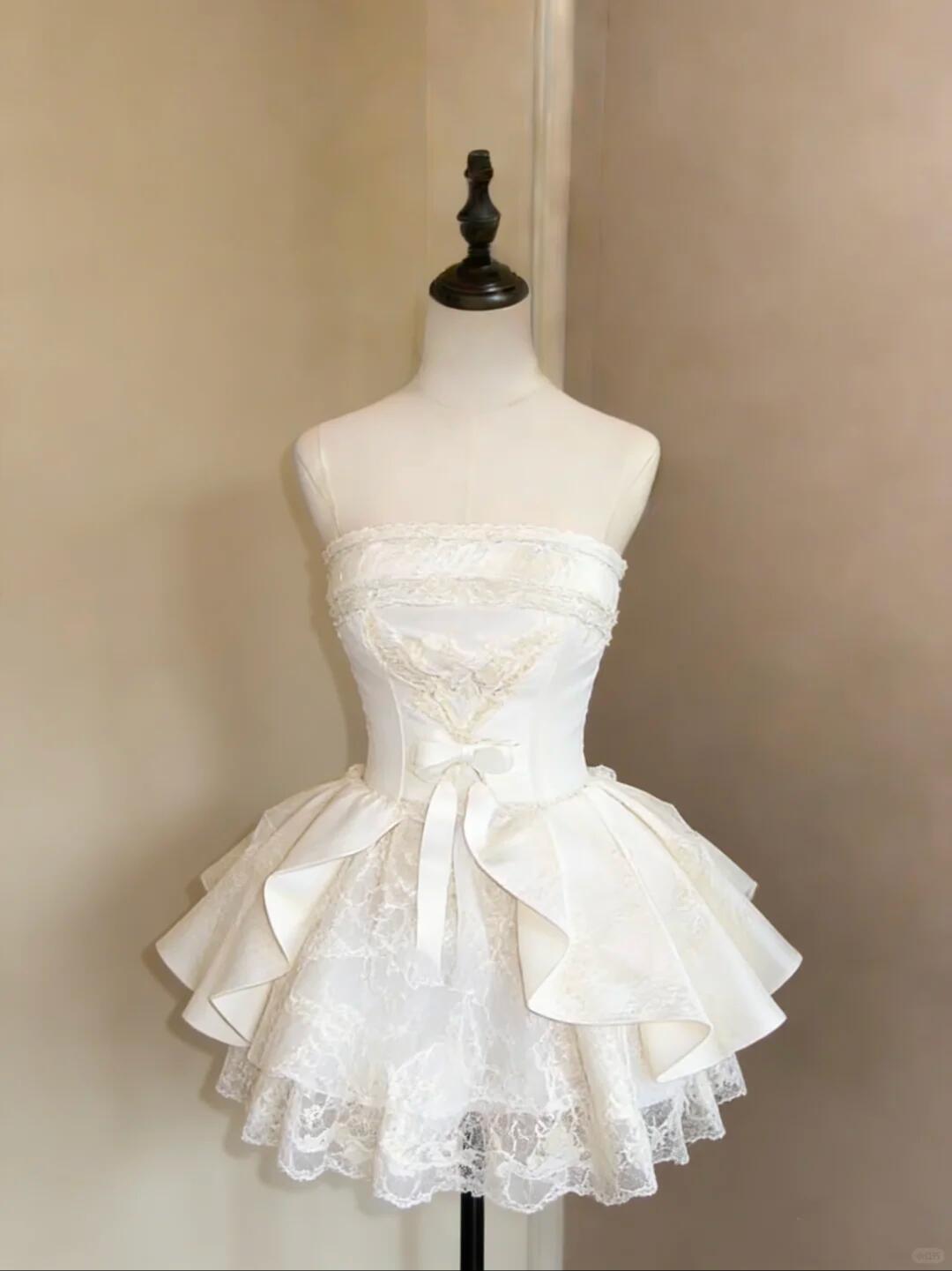 Classy White Satin Lace Mini Cocktail Dress Strapless A Line Short 8th Grade Homecoming Dress SP2394