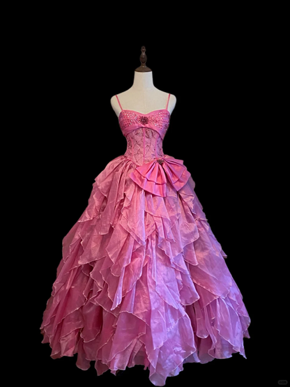 Elegant Spaghetti Straps Pink Tulle Beaded Long Party Dress Evening Dress With Bow SP4093