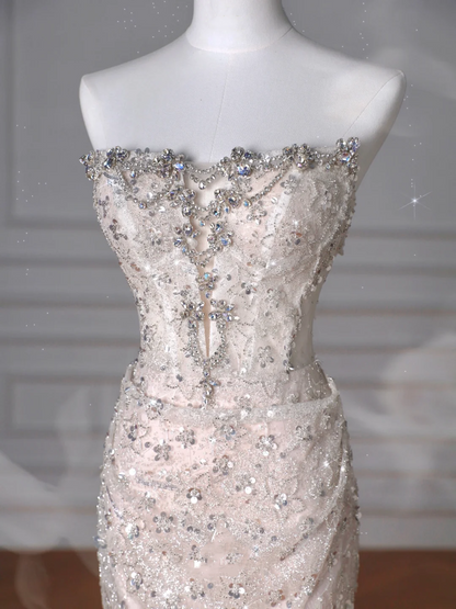 Sparkly Strapless Tulle Sequins Mermaid Prom Dress Long Evening Dress Y8616