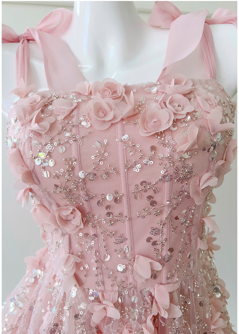 Elegant Spaghetti Straps Tulle Appliques A Line Short Homecoming Dress,Pink Mini 17th Birthday Outfits SP3266