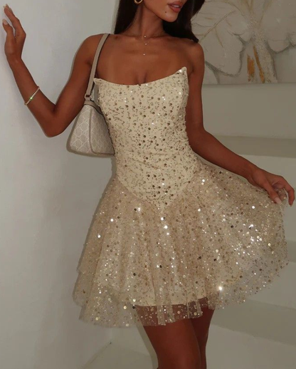 Sparkly Champagne Strapless Tulle Sequin Beaded A Line Short Homecoming Dress Birthday Dress SP2307