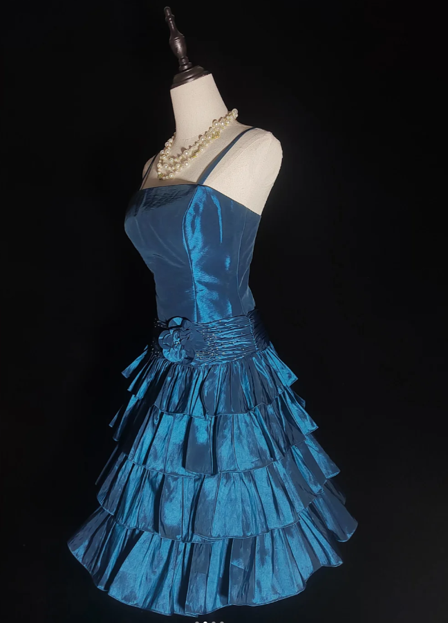 Vintage Spaghetti Straps Blue Satin Pleated Layered A Line Short Homecoming Dress Birthday Outfits SP437