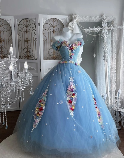 Sweet Strapless Tulle Appliques Ball Gown Blue Birthday Quinceanera Dress SP1446