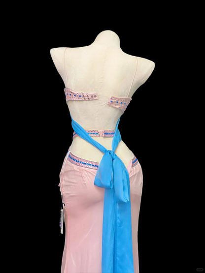 Glamorous Spaghetti Straps Pink Satin Butterfly Sequin Beaded Chiffon Ruffle Mermaid Slit Long Party Dress SP4090