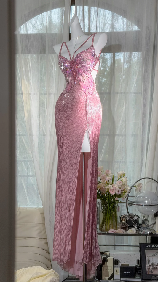 Elegant Spaghetti Straps Pink Butterfly Sequin Beaded Chiffon Slit Mermaid Long Prom Dress Backless Evening Gown SP2182