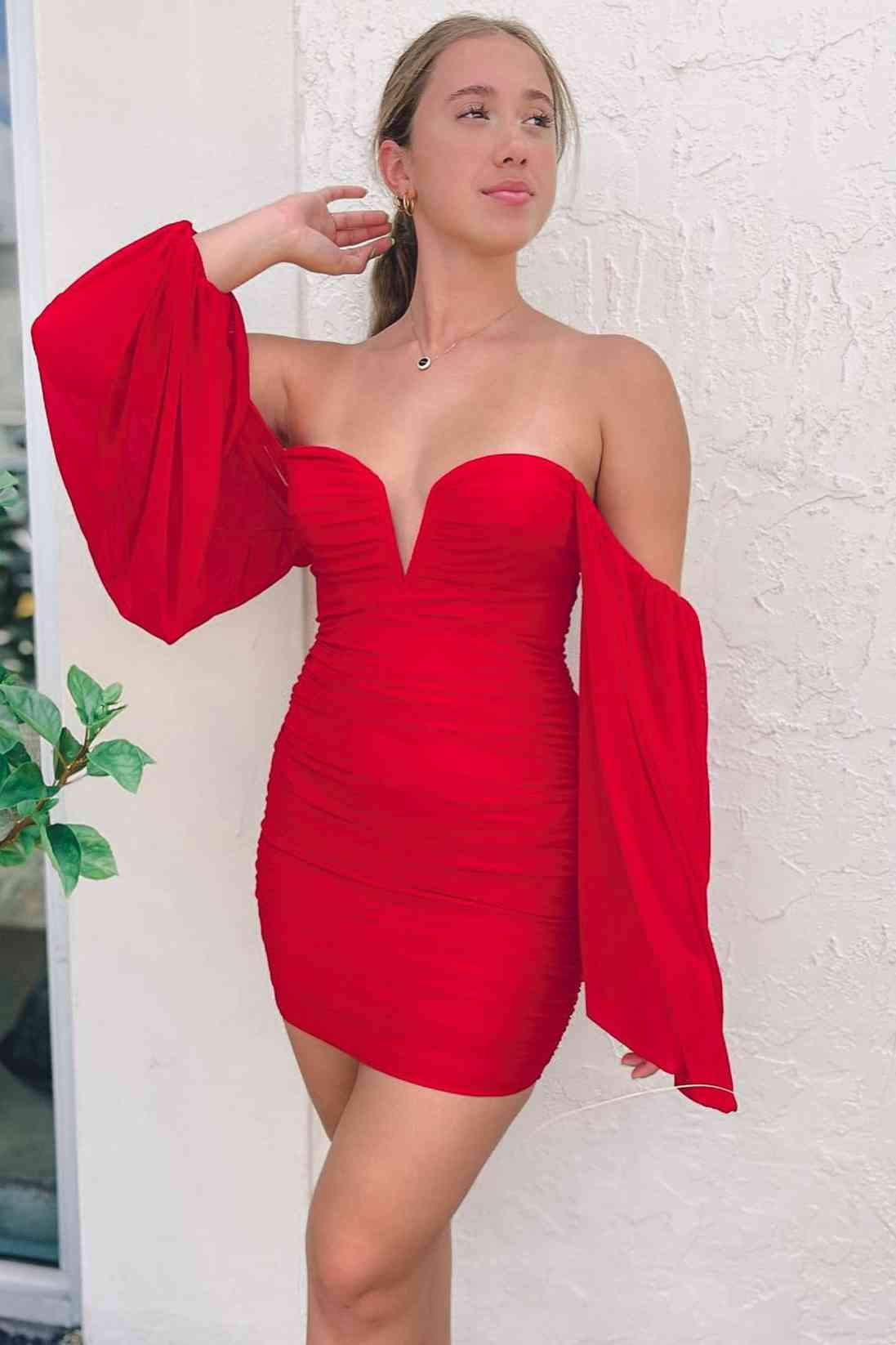 Red Sweetheart Fitted Short Party Dress with Bubble Sleeves,Red Homecoming Dress Y2883