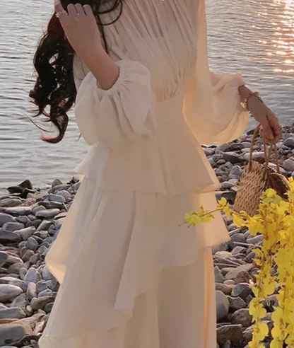 Elegant Women Irregular Ruffle Patchwork Dress Lantern Sleeve Stand Neck Pleated Prom Dress Y4779