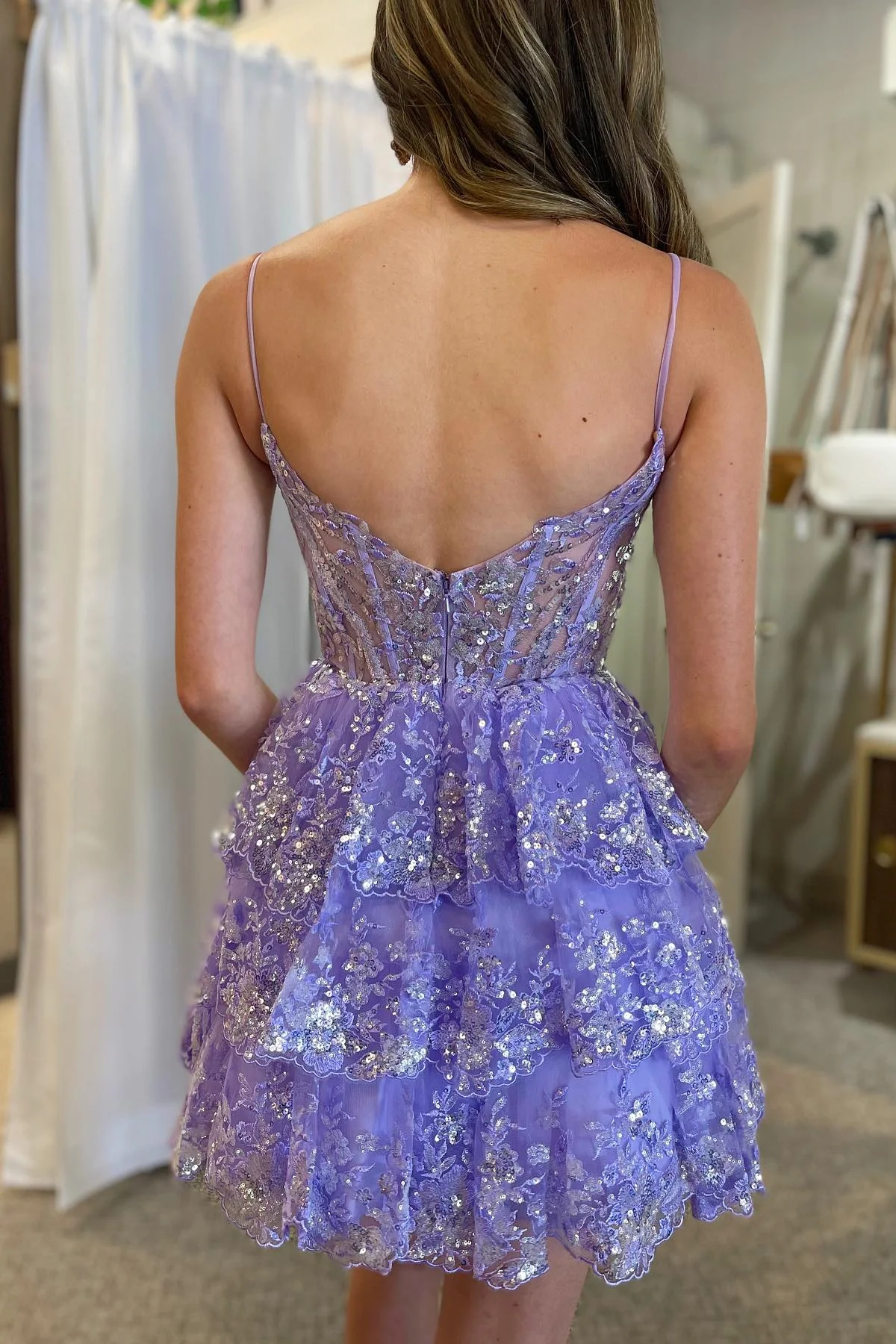 Lavender Straps Sequined Multi-Layers Tulle Homecoming Dress Y2832