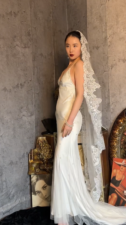Elegant V Neck White Satin Tulle Beaded Mermaid Long Wedding Dress With Veil SP1256