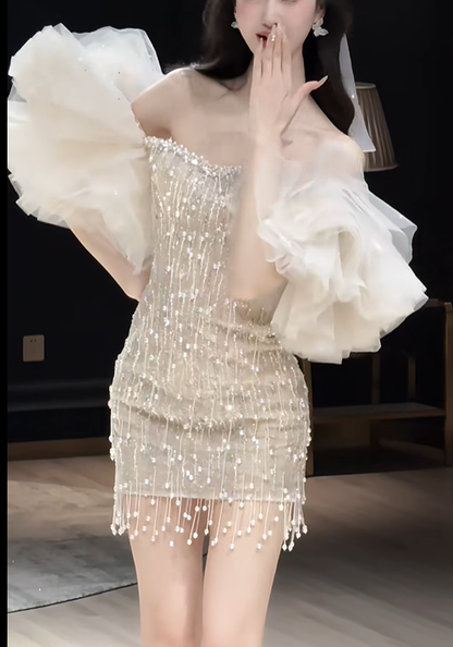 Elegant Strapless Off-White Sequin Beaded Sheath Short Graduation Homecoming Dress 18th Birthday Outfits Y9338