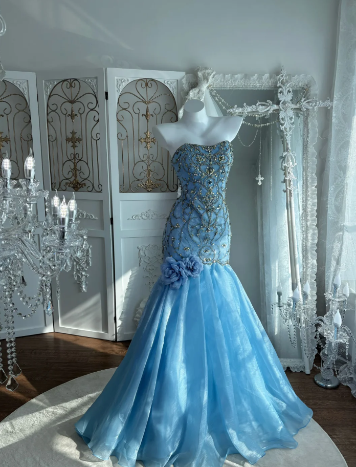 Gorgeous Blue Strapless Tulle Beaded Mermaid Long Party Dress Prom Dress, Formal Wedding Guest Dress SP1456
