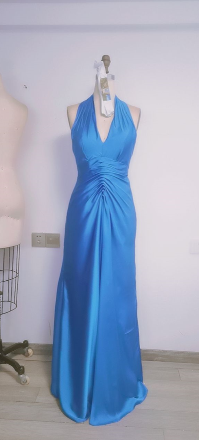 Simple Halter A Line Blue Long Prom Dresses Y2793