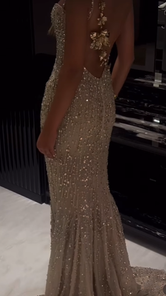Gorgeous Champagne Spaghetti Straps Sequin Beaded Mermaid Evening Dress Prom Dresses SP795