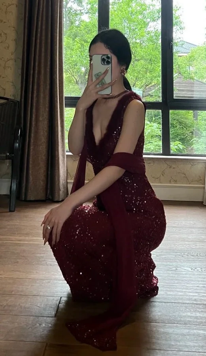Sparkly Burgundy Sequin Long Party Dress V Neck Mermaid Long Birthday Prom Dresses SP3850