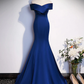 Royal Blue Mermaid Satin Long Prom Dress, Off Shoulder Blue Evening Dress Y7429