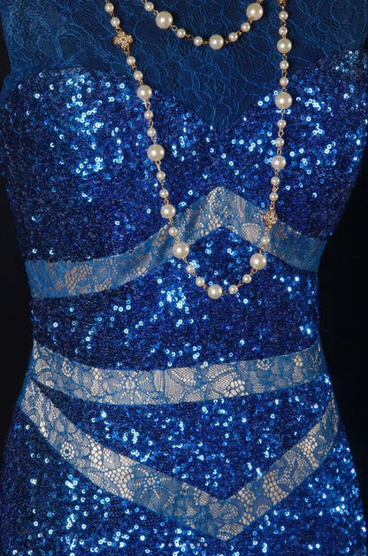Sparkly Sleeveless Royal Blue Lace Sequin Slit Mermaid Long Party Dress Evening Dress SP1699