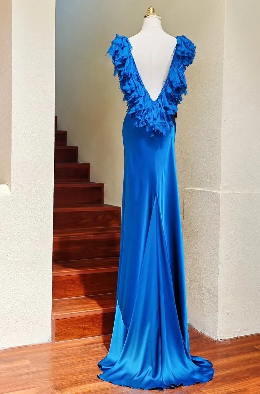 Vintage Satin Blue V-neck Mermaid Long Party Dress Backless Long Prom Dresses SP3840