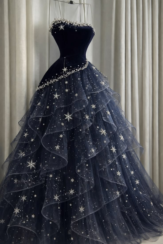 Glitter Strapless Navy Blue Ball Gown Layered Ruffles Tulle Beaded Long Party Dress Birthday Dress SP2047