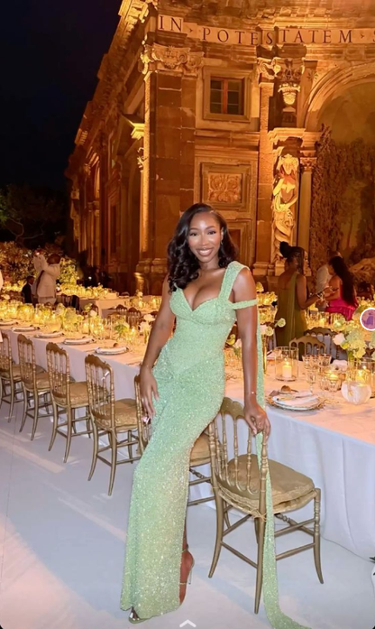 Charming Off The Shoulder Sage Green Sequin Sheath Long Party Dress Prom Gown SP2455