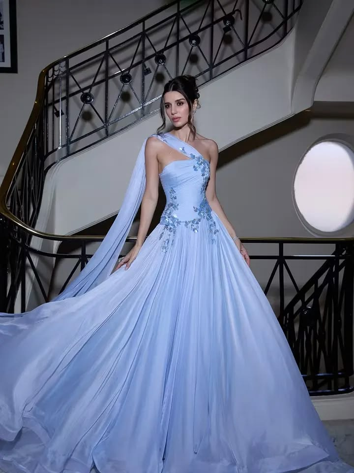 Pretty One Shoulder Tulle Satin Beaded Blue A Line Long Party Dress Evening Gowns SP4277