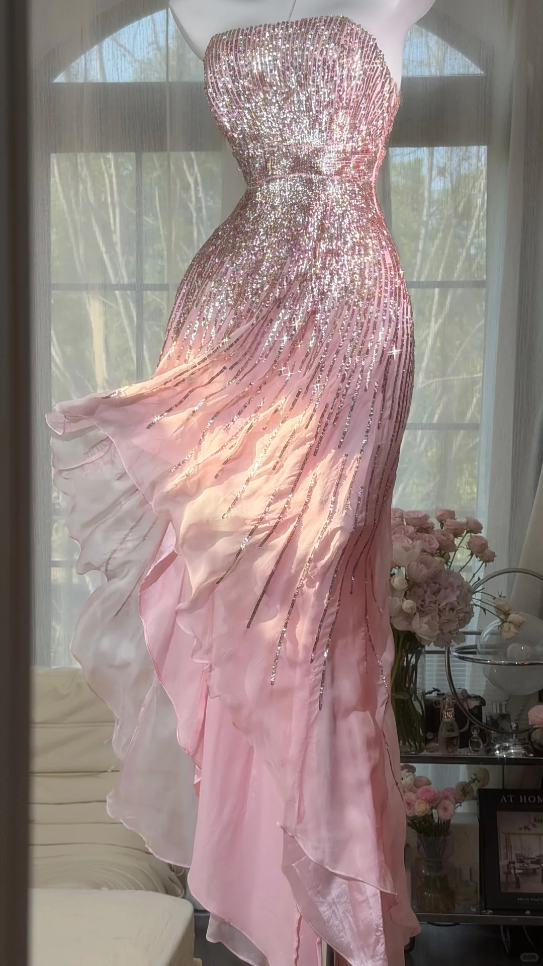 Shiny Strapless Pink Chiffon Sequin Long Evening Dress Birthday Prom Gowns SP2184