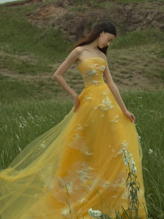 Classy Yellow Strapless Tulle Long Wedding Guest Evening Dress  SP1191