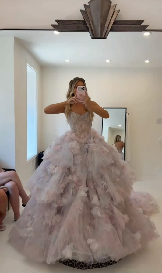 Glamorous Strapless Tulle Pleated Appliques Long Party Dress Lilac And Pink Long Evening Dress SP4031