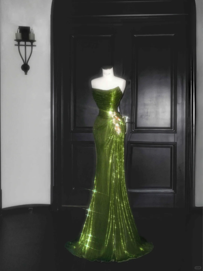 Unique Strapless Green Sequin Prom Dress,Long Mermaid Evening Dress Y8659