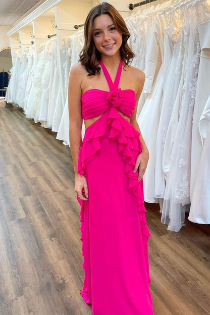 Hot Pink Halter Cut Out Ruffle Long Formal Prom Dress Y7378 Simplepromdress Hot Pink Halter Cut Out Ruffle Long Formal Prom Dress Y7378 Simplepromdress