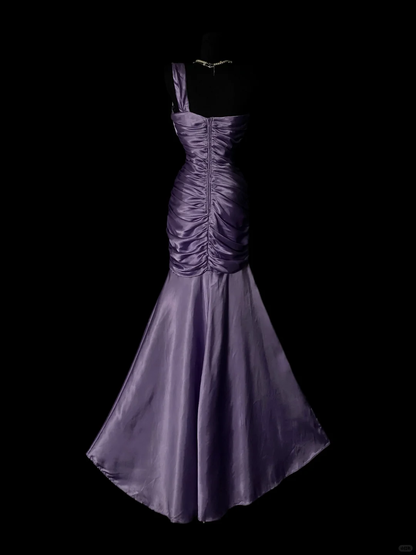 Elegant Purple Satin Pleated Mermaid Long Party Dress One Shoulder Long Birthday Prom Dresses SP4080