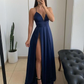 V-neck Spaghetti Straps Front Split Long A-line Simple Prom Dresses Y4719