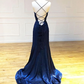 Backless Dark Navy Blue Long Prom Dresses, Dark Navy Blue Formal Graduation Evening Dresses Y7432