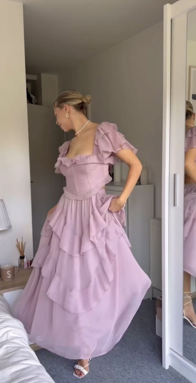 Elegant Lilac Square Chiffon Ruffled A Line Long Party Dress Birthday Dress SP2314