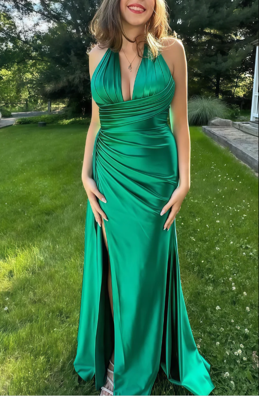 Green Halter V-Neck Ruched Bodycon Prom Dress,Long Slit Evening Gown Y8022