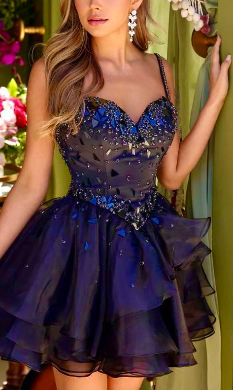 Pretty Navy Blue Tulle Beaded A Line Short Graduation Homecoming Dress Birthday Outfits Y9551