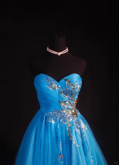 Elegant Blue Strapless Tulle Sequin Beaded Short Homecoming Dress,Mini Birthday Dress SP2834