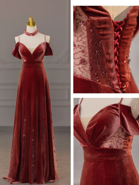 Elegant Women's Velvet Dress Long A-Line Inset Mesh Beaded V-Neck Dress Prom Dress Special Occasion Dress Y6964