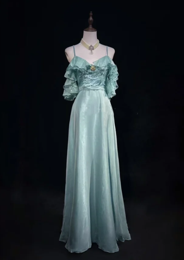 Elegant Mint Green Spaghetti Straps Lace Satin Mermaid Long Wedding Guest Dress Formal Birthday Party Dress  SP1281