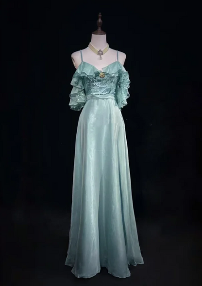 Elegant Mint Green Spaghetti Straps Lace Satin Mermaid Long Wedding Guest Dress Formal Birthday Party Dress  SP1281