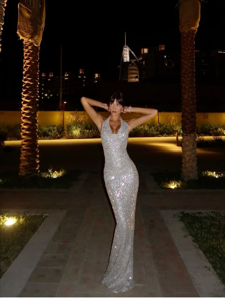Glitter Silver Halter Sequin Mermaid Long Party Dress Formal Wedding Guest Dress SP1374