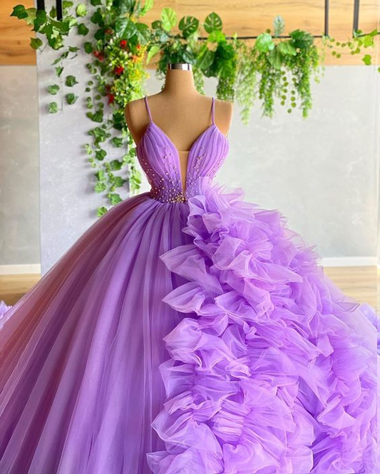 Purple A-line V Neck Tulle Ball Gown,Purple Princess Dress,Fairy Dress Y6590