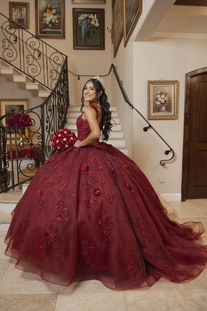 Burgundy Ball Gown With Flowers,Sweet 16 Dress, Burgundy Quinceanera D – Simplepromdress