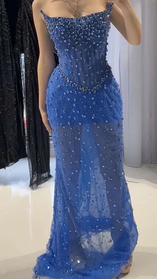 Sexy Royal Blue Strapless Tulle Beaded Mermaid Long Party Dress Formal Birthday Prom Dress SP1402